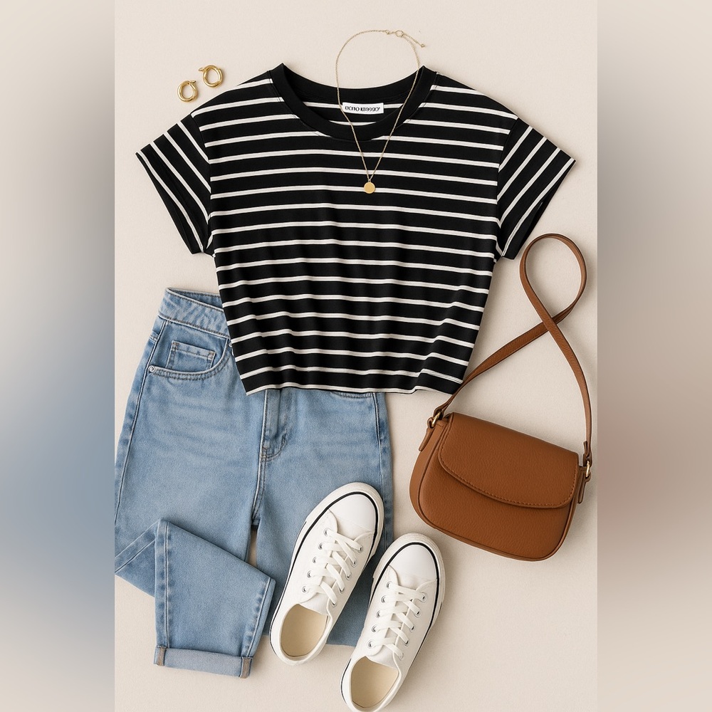 NEW Cotton Emporium Black and White Striped Top